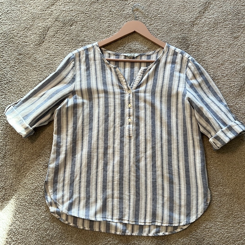Linen Blend By Hester & Orchard Blue, Tan/Gray, White Striped Comfy Shirt Size M - Picture 6 of 10